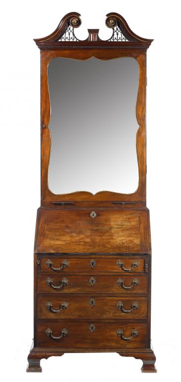 Appraisal: A FINE GEORGE II MAHOGANY BUREAU-CABINET with fretted swan neck