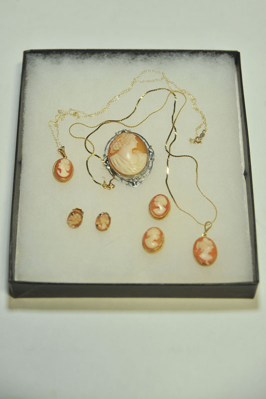 Appraisal: FIVE CAMEO PIECES Two necklaces both with marked '' K''