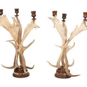 Appraisal: A Pair of Antler Mounted Three-Light Candelabra th Century each