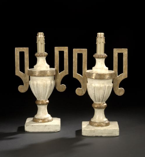 Appraisal: Pair of Italian Carved White-Painted and Parcel-Gilt Wooden Garnitures of