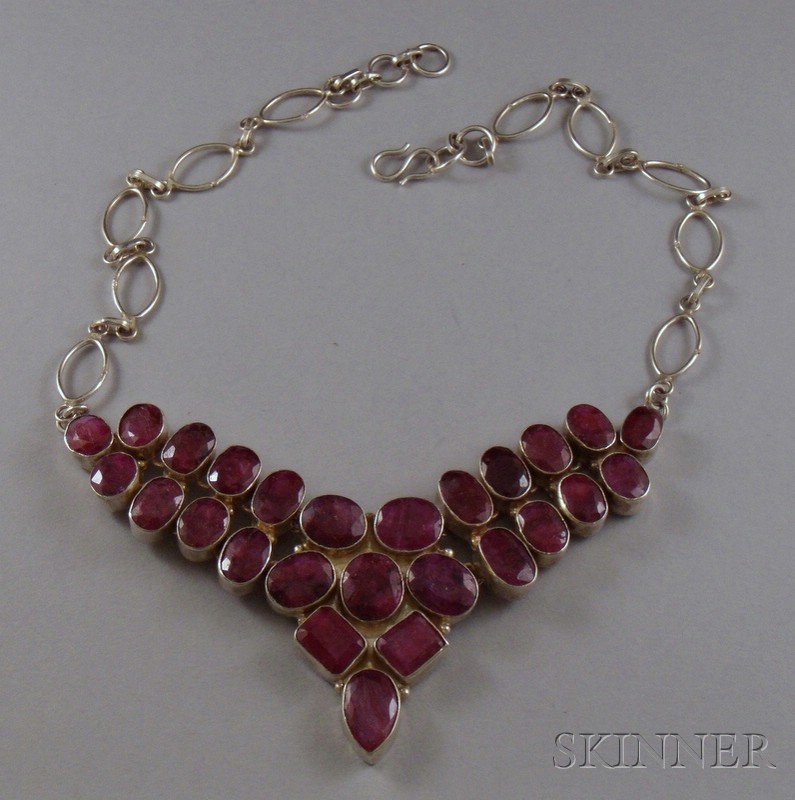 Appraisal: Sterling Silver and Ruby Bib Necklace probably India lg in