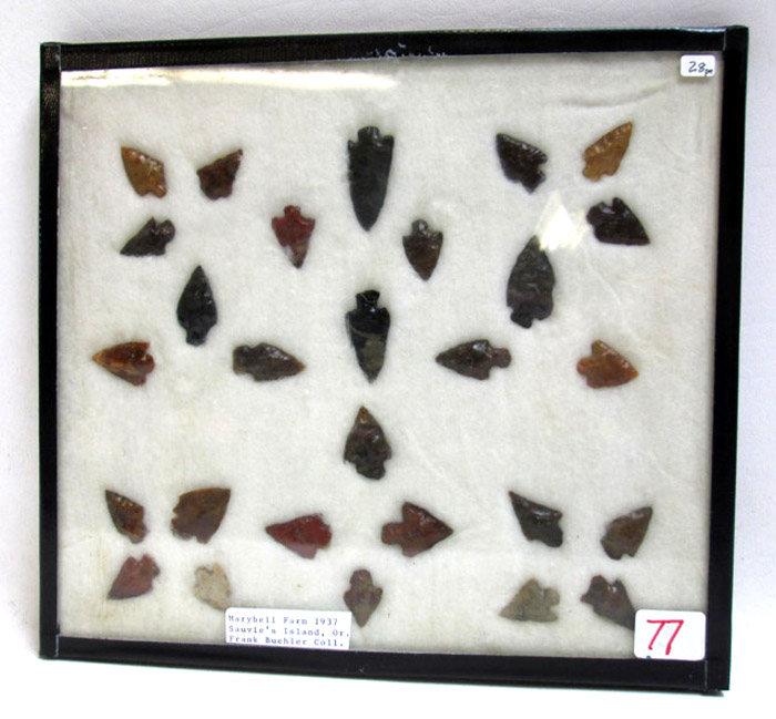 Appraisal: CASED COLLECTION OF TWENTY-EIGHT ARROWHEADS from the Frank Buehler Collection