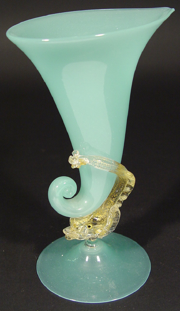 Appraisal: Murano blue glass vase supported by gold flecked fish cm