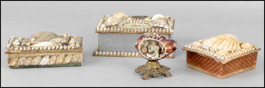 Appraisal: THREE SHELL ART DECORATED BOXES Together with shell art arrangement