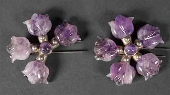 Appraisal: Pair of Mexican silver and carved amethyst brooches each marked