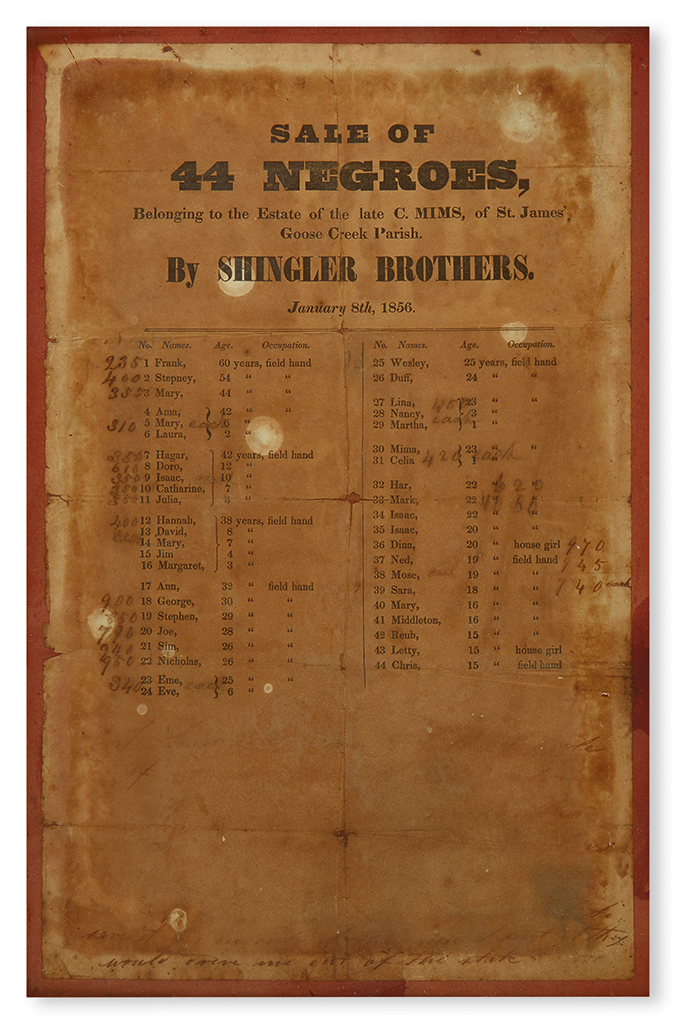 Appraisal: SLAVERY AND ABOLITION SOUTH CAROLINA Sale of Negroes Belonging to