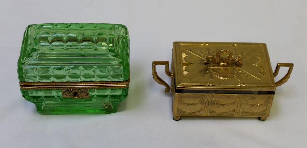 Appraisal: Antique Green Glass Vanity Box Together with a Bronze Glass