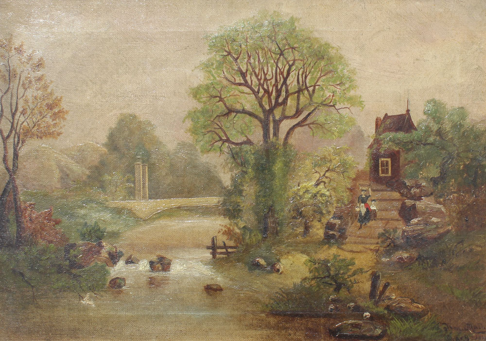 Appraisal: NINETEENTH CENTURY NAIVE RIVER LANDSCAPE WITH FIGURES Oil Canvas ''