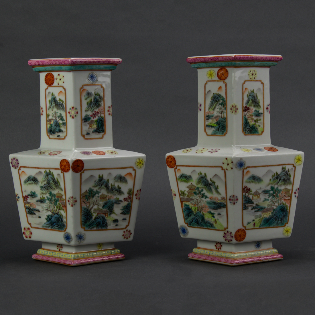 Appraisal: PAIR OF FAMILLE ROSE LOZENGE FORM VASES Pair of famille