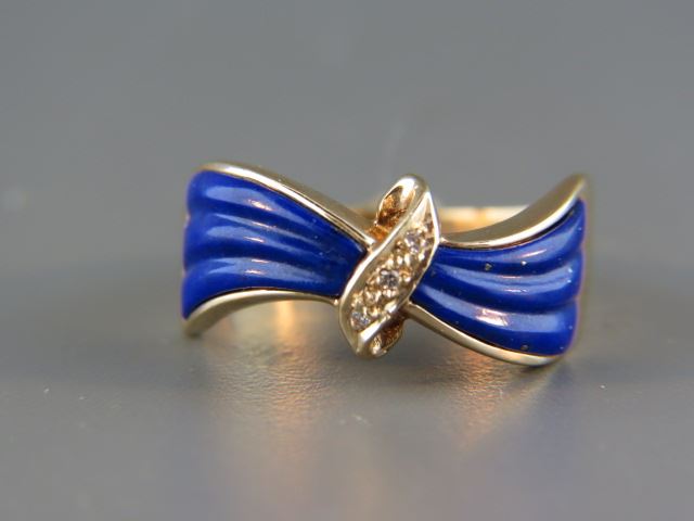 Appraisal: Lapis Diamond Ring carved rich blue lapis and diamonds in