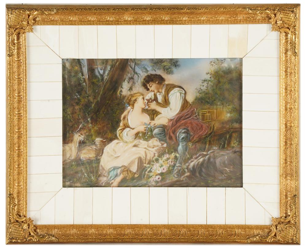 Appraisal: FRENCH SCHOOL AMOROUS COUPLEhand-embellished transferware panel signed illegibly lower right