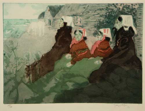 Appraisal: JACQUES VILLON Les Femmes d'Ouessant Color aquatint and etching x