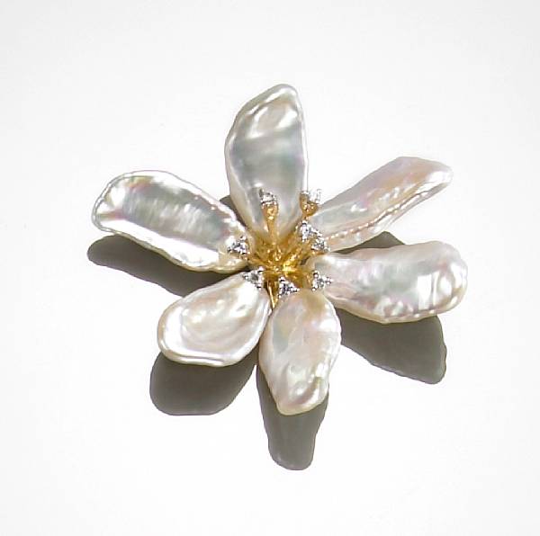 Appraisal: Keshi Pearl and Diamond Pendant Designed as a five-petal flower