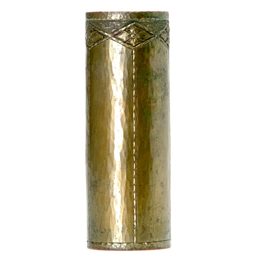 Appraisal: ROYCROFT Early brass-washed hammered copper cylindrical vase embossed with quatrefoil