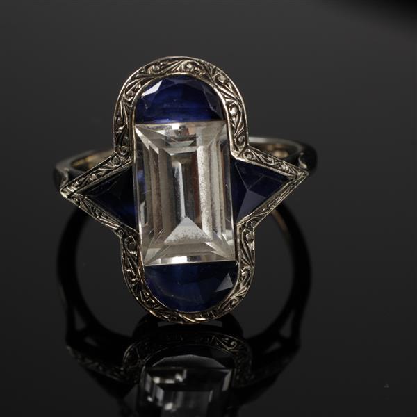 Appraisal: Art Deco White Gold K French Paste colorless and sapphire