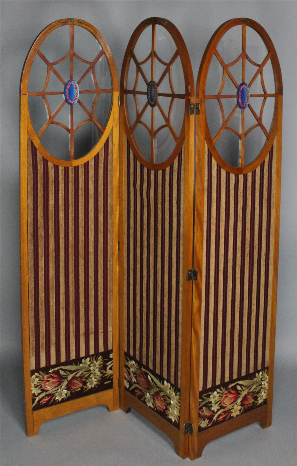 Appraisal: EDWARDIAN ADAMS STYLE THREE-PANEL FOLDING SCREEN three panels each in