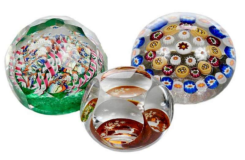 Appraisal: Three Murano Style Paperweights th century millefiori with broken pontil