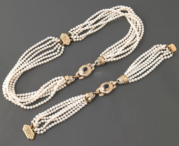 Appraisal: A cultured pearl diamond sapphire and k gold necklace with