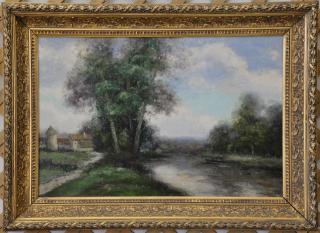 Appraisal: L Stepano oil on canvas th century landscape with fisherman