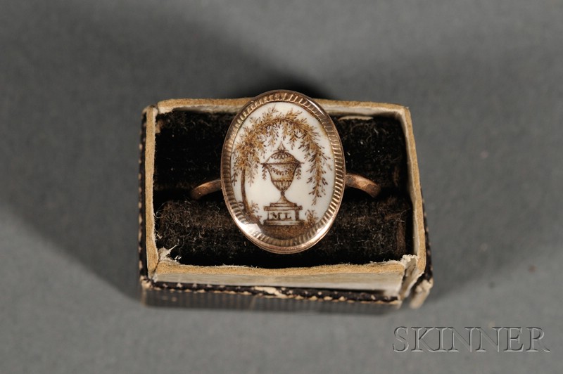 Appraisal: Mourning Ring oval miniature on ivory in a yellow gold