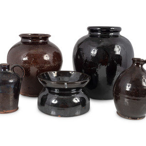 Appraisal: Five Redware Vessels American th- th Century including two jars