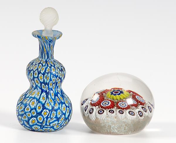 Appraisal: MILLEFIORE PERFUME BOTTLE AND GLASS PAPERWEIGHT th century double gourd