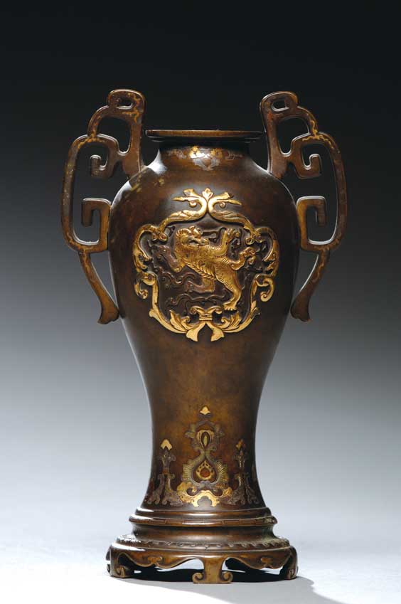 Appraisal: ANTIQUE JAPANESE BRONZE VASE Antique Japanese mixed-metal inlaid bronze vase