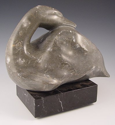 Appraisal: CARVED ALABASTER PREENING DUCK BY RALPH HURST '' x ''