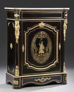 Appraisal: French Brass Inlaid Ebonized Beech Ormolu Mounted Marble Top Parlor