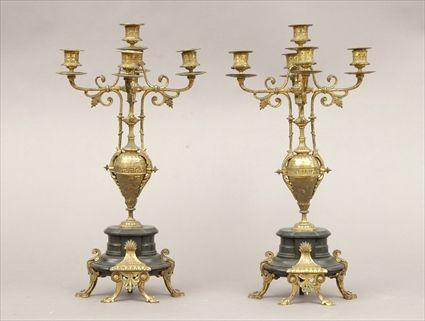 Appraisal: Pair of Neo-Grec Gilt-Metal and Black Marble Five-Light Candelabra x