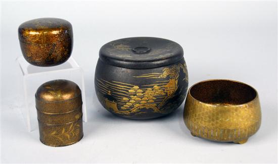 Appraisal: THREE JAPANESE LACQUER COVERED ROUND BOXES and a SMALL BOWL