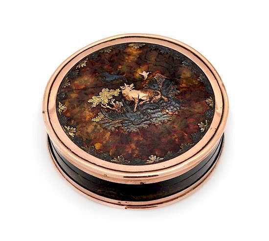 Appraisal: A Continental -Karat Tri-Colored Gold and Tortoise Shell Decorated Snuff