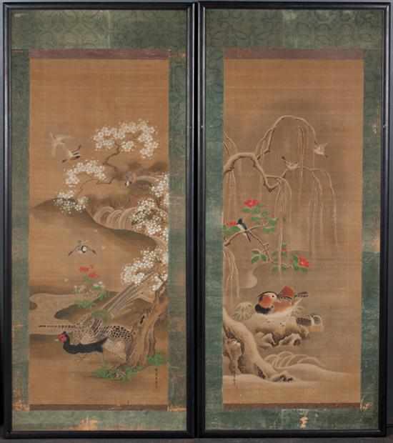 Appraisal: Pair of Japanese silk scrolls with bird decoration framed late