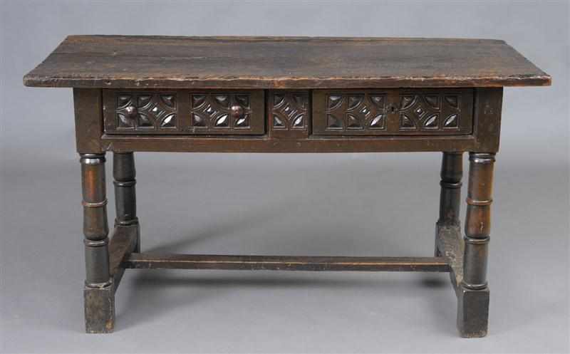 Appraisal: ITALIAN BAROQUE WALNUT TRESTLE TABLE The over hanging top above