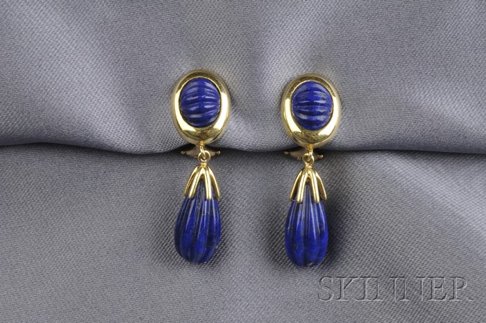 Appraisal: kt Gold and Lapis Lazuli Earpendants Cellino designed as fluted