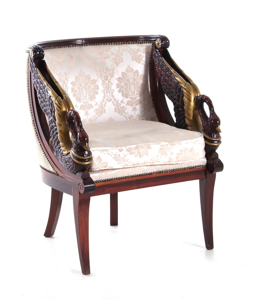 Appraisal: Empire style parcel-gilt carved mahogany swan chair BH SH W