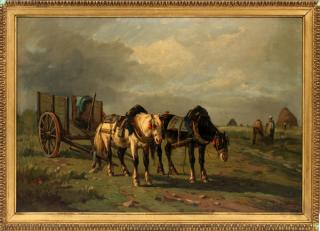 Appraisal: OIL ON CANVAS LAID ON BOARD HORSES W WAGON OIL