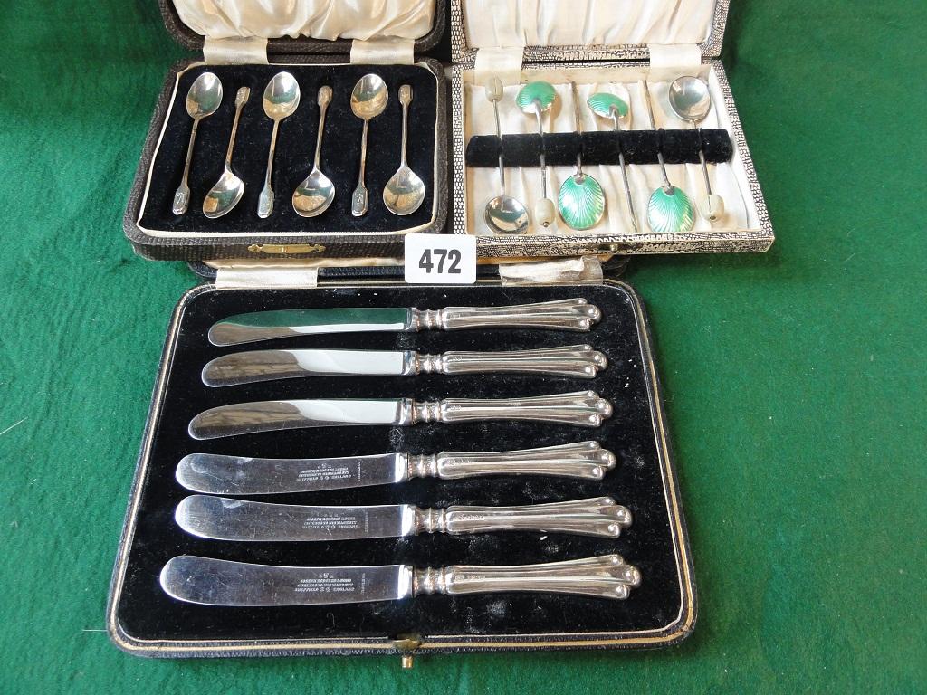 Appraisal: A boxed set of six silver green enamelled coffee spoons