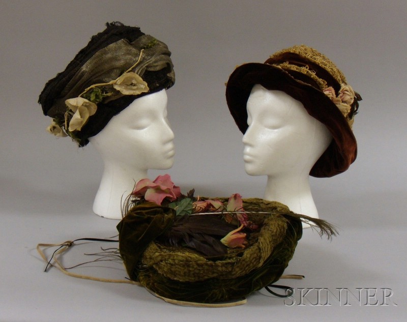 Appraisal: Two Edwardian Straw Hats and an Edwardian Velvet Chenille and