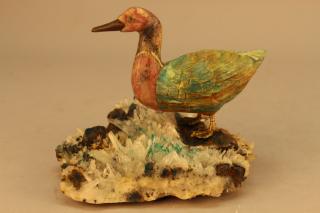 Appraisal: Multi Stone Carved Duck Mounted on Crystal Base Multi Stone