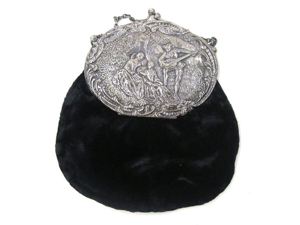 Appraisal: Silver mounted velvet purse embossed with a scene of a