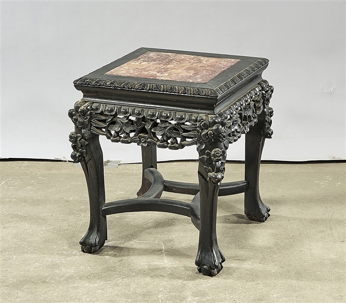 Appraisal: Chinese marble inset hardwood low table with openwork foliate apron