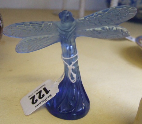 Appraisal: A Lalique blue glass dragon fly with etched mark to