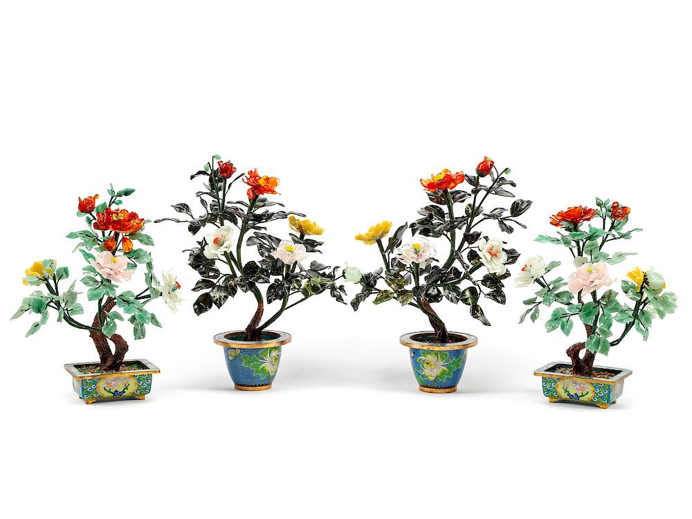 Appraisal: Two Pairs of Chinese Export Hardstone and Cloisonn Enameled Trees