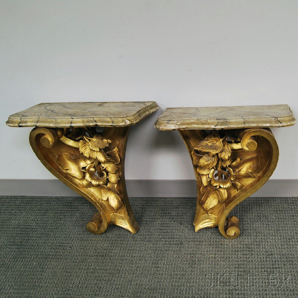 Appraisal: Pair of Rococo-style Gilt Wood and Faux Marble Wall Brackets