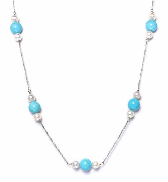 Appraisal: A Karat White Gold Cultured Pearl and Turquoise Necklace containing