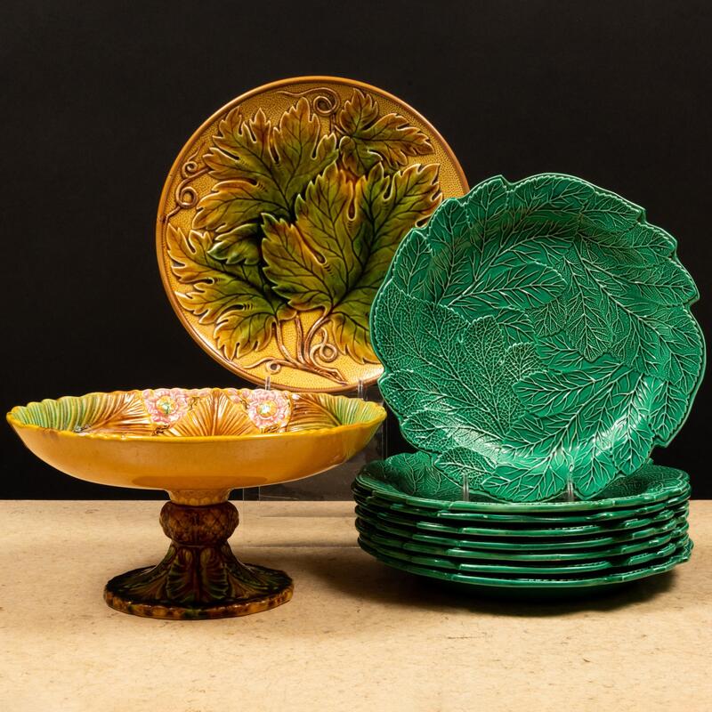 Appraisal: Set of Eight Brameld Green Majolica Leaf Plates Impressed mark