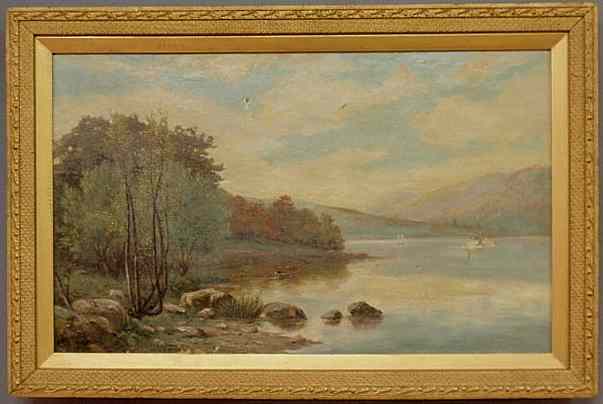 Appraisal: Oil on canvas painting of a lake shoreline scene with