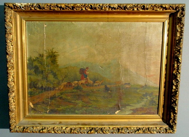 Appraisal: Oil on canvas pastoral landscape painting with sheep and shepherd