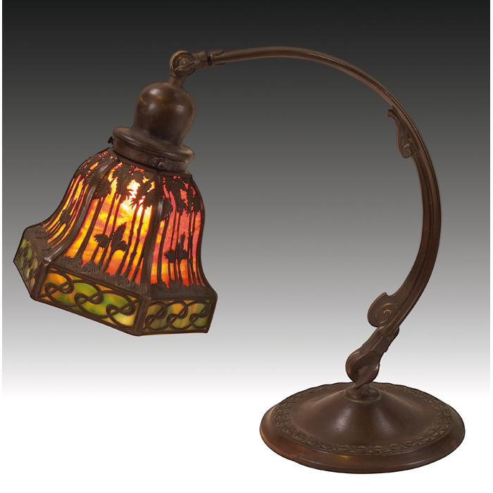 Appraisal: Handel desk lamp bronzed metal base six-sided slag glass shade